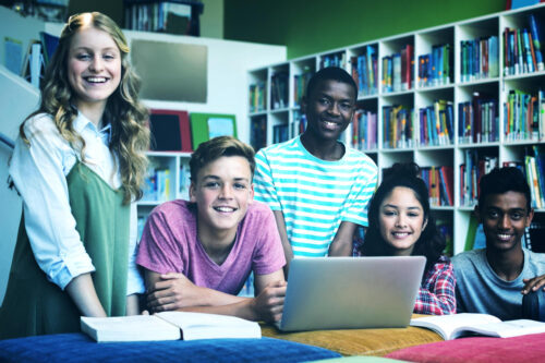 high school students in library