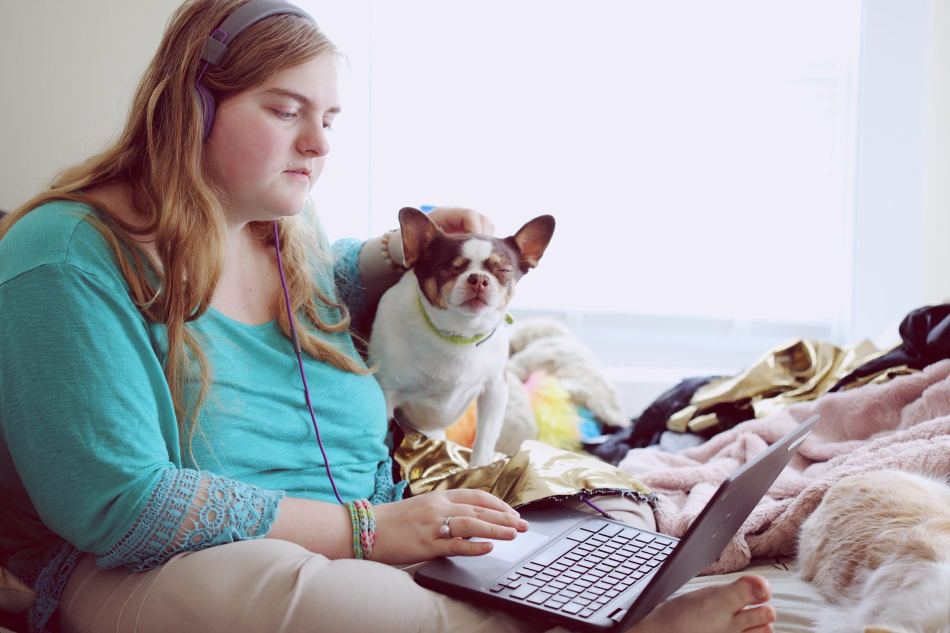 woman with laptop and dog on bed