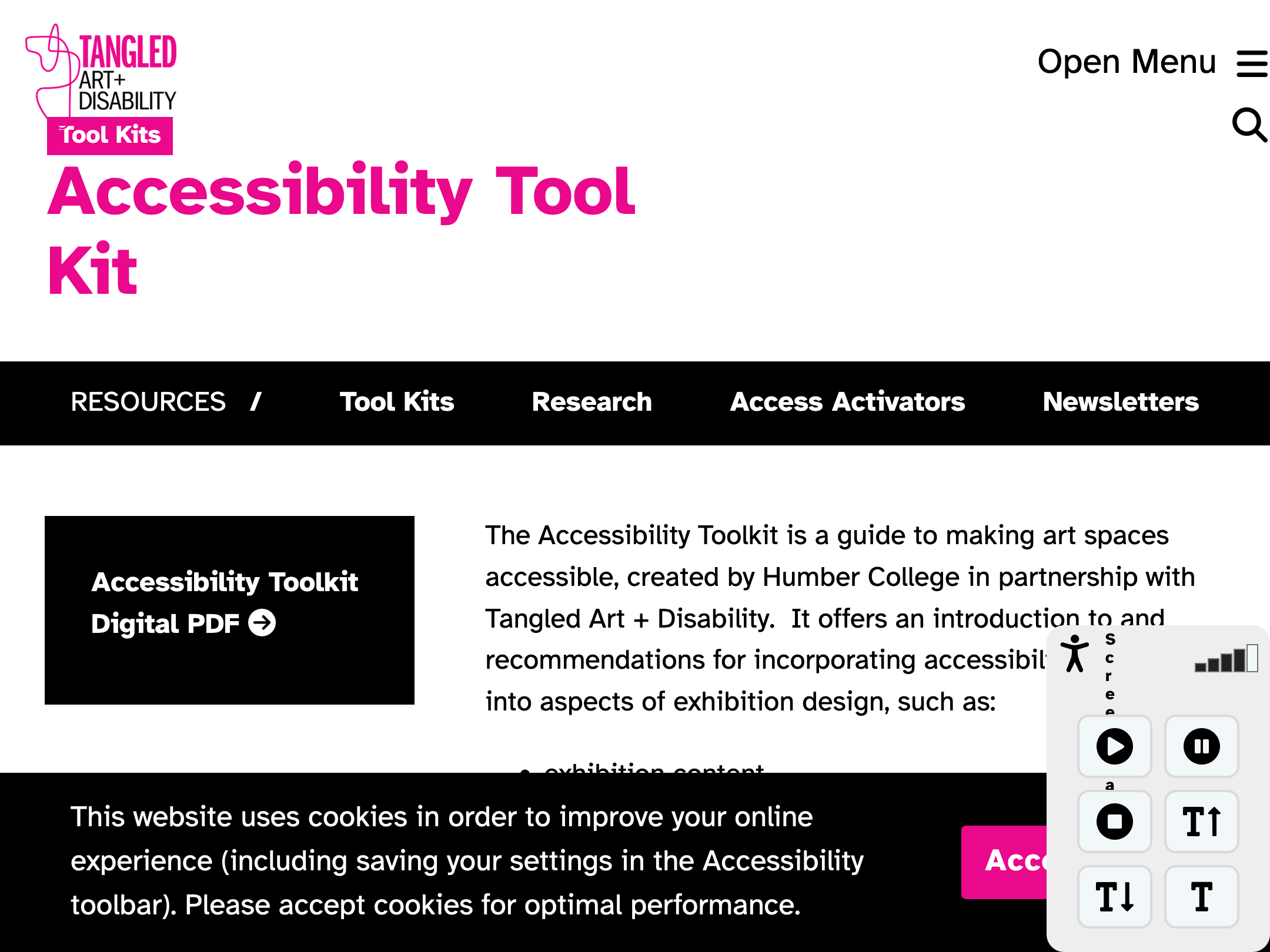 Accessibility tool kit on Tangled Art Disability website